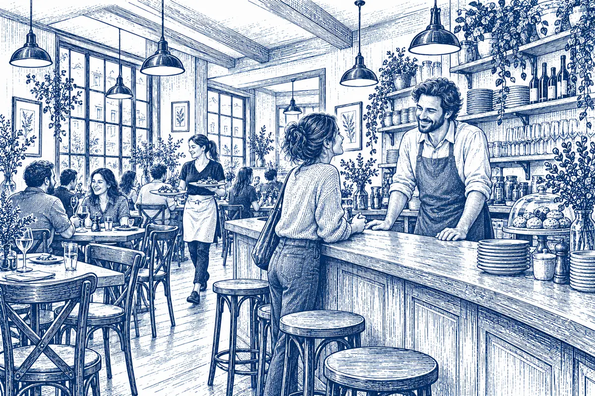 Pen-and-ink illustration of a restaurant owner speaking with a guest at the counter